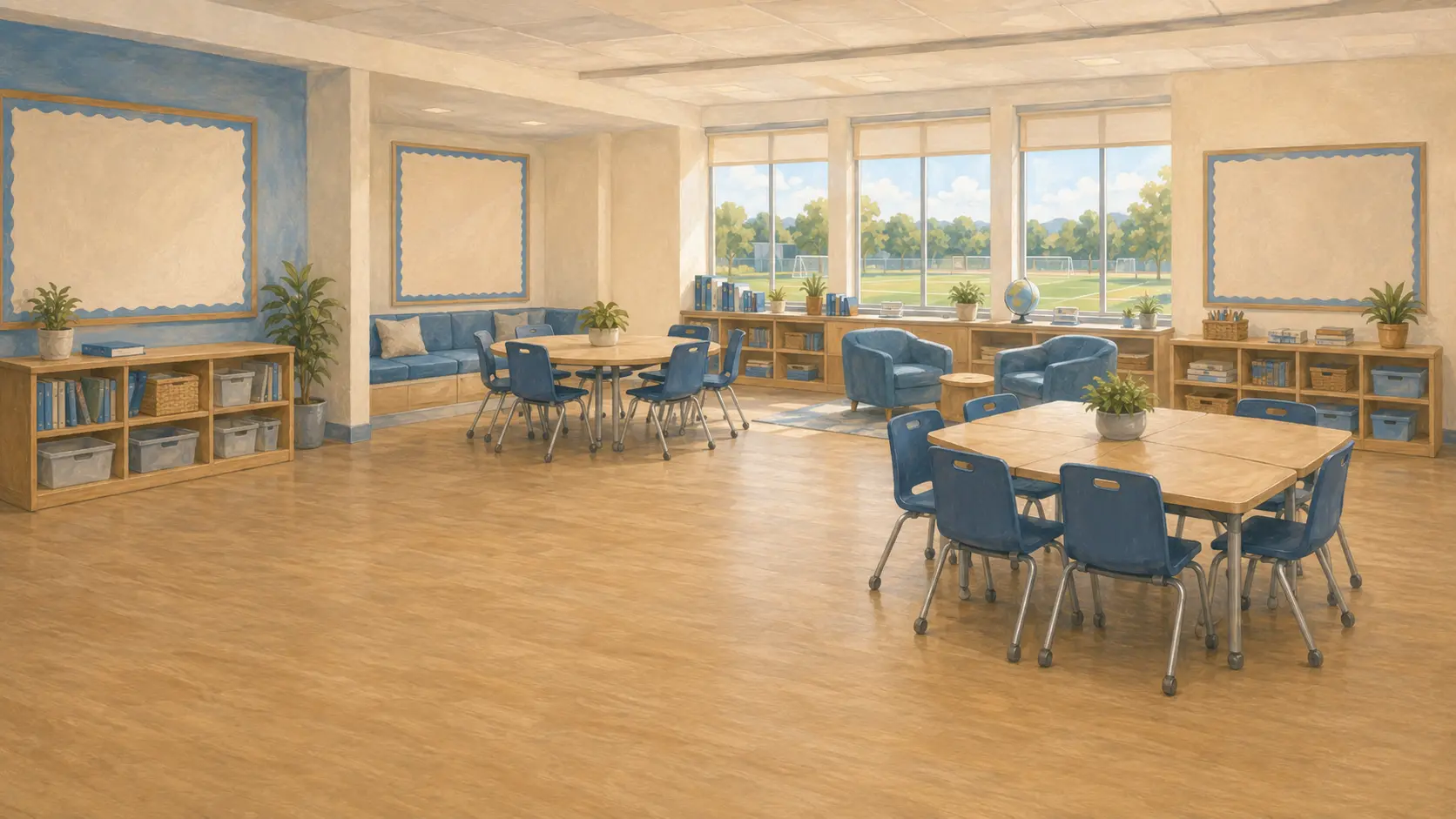 Brookside Middle School commons with flexible learning tables, blue seating, bookshelves, and athletic-field windows.