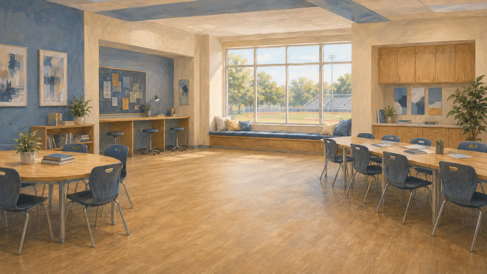 Northview High School commons with collaborative tables, navy chairs, cabinets, and athletic-field windows.