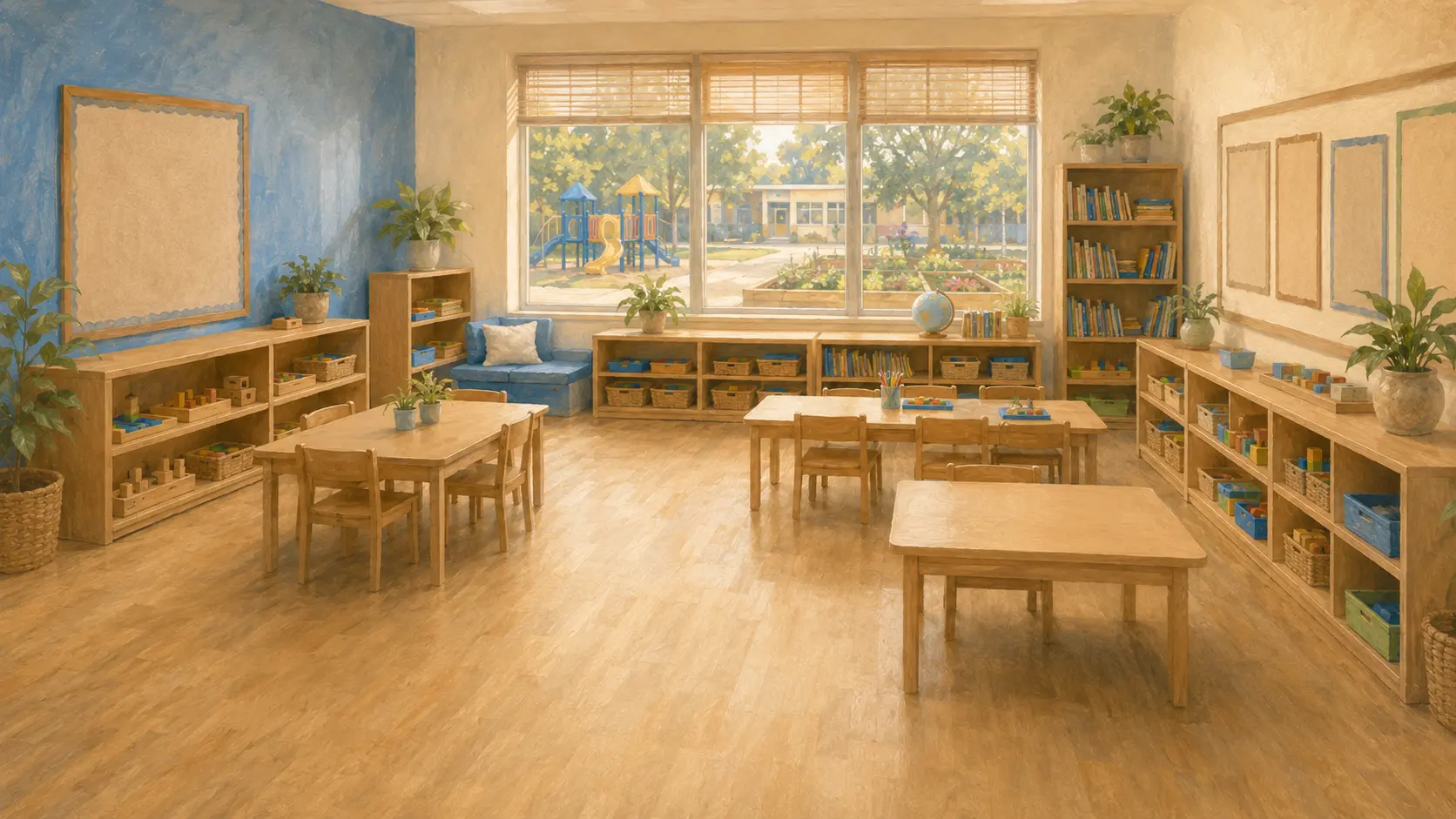 Illustrated Pinehaven Elementary classroom with learning tables, bookshelves, plants, and bright windows